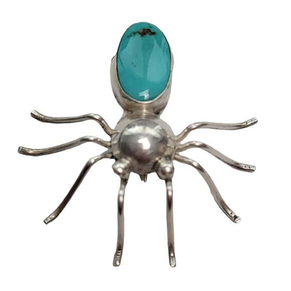Sterling Silver Turquoise Spider Brooch Pin, Signed Rex - Picture 2 of 8